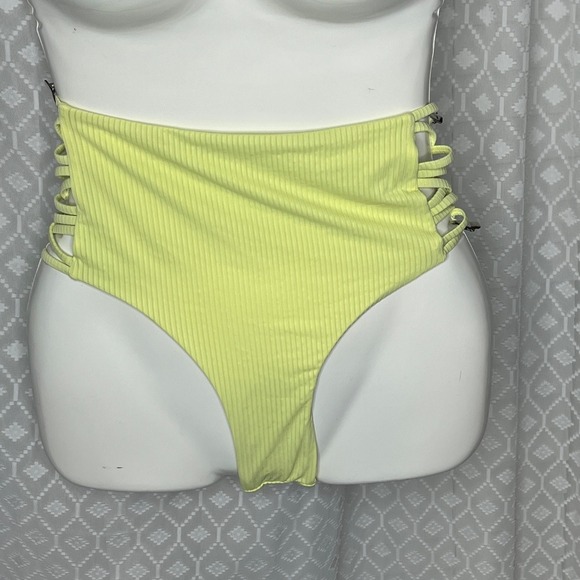 YMI High‎ Waist Ribbed Swimsuit Bottoms Strappy Cutout Sides Yellow L NWT - Picture 1 of 5